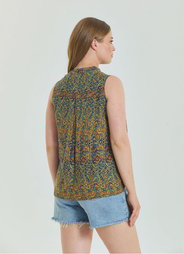 Shirt Collar Asymmetric Cut Petrol Bohemian Blouse 4563
